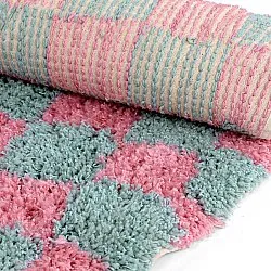 Tapis rond - Methoni Check Cotton Shaggy (bleu clair/rose clair)