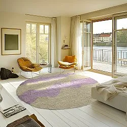 Tapis rond - Amira Natural Cotton Shaggy (beige/violet)