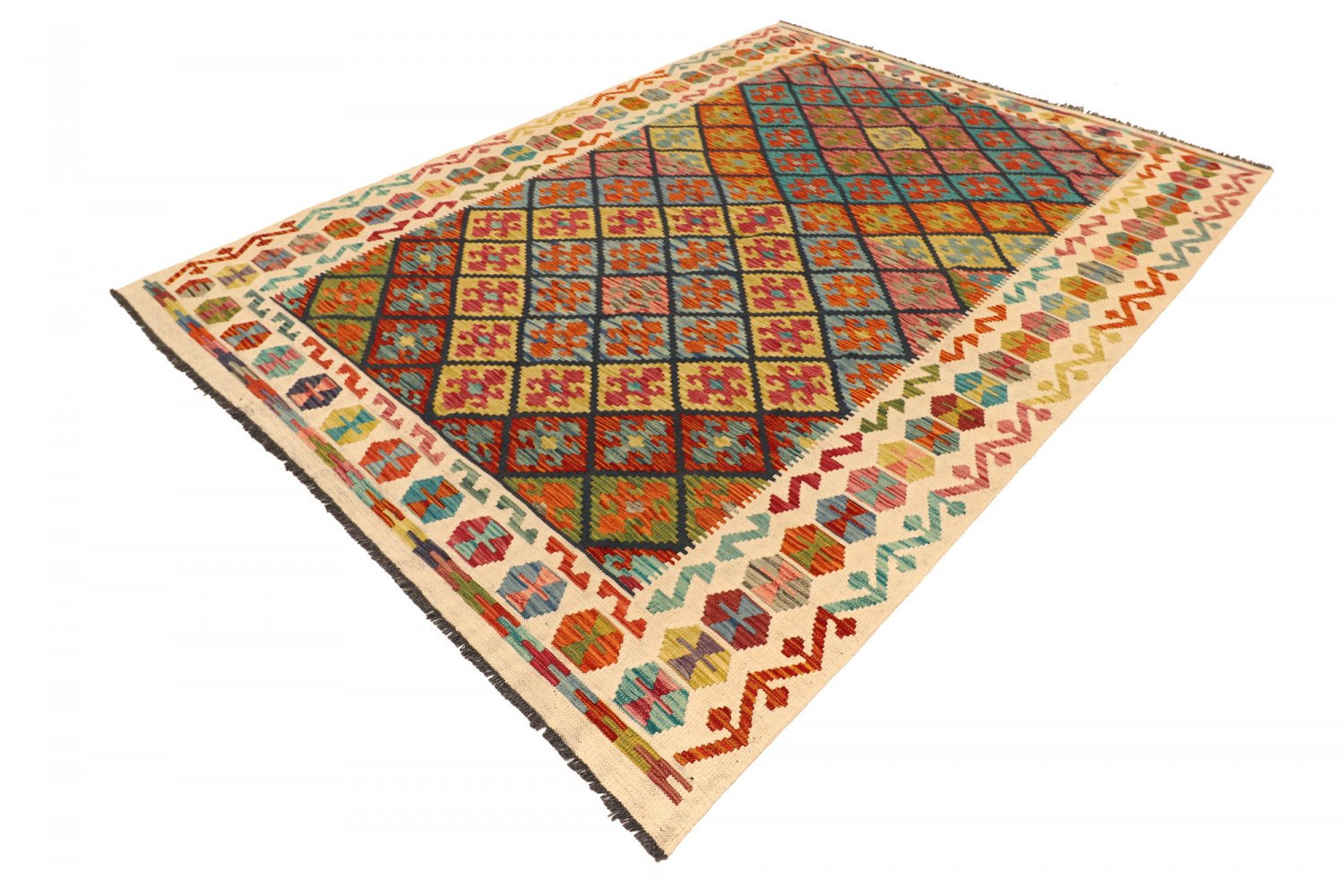 Grand Tapis Kilim En Laine Tissé Main – Motifs Géométriques, 206x152 Cm