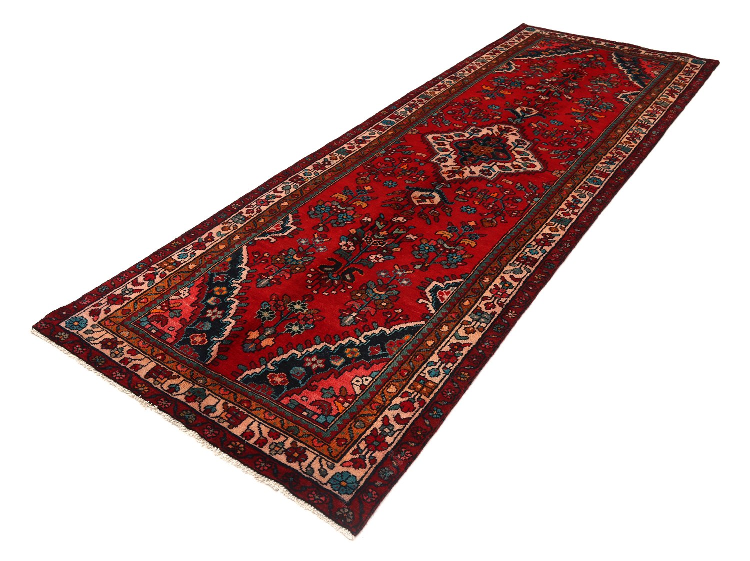 Tapis de couloir oriental traditionnel rouge et orange en laine fait à