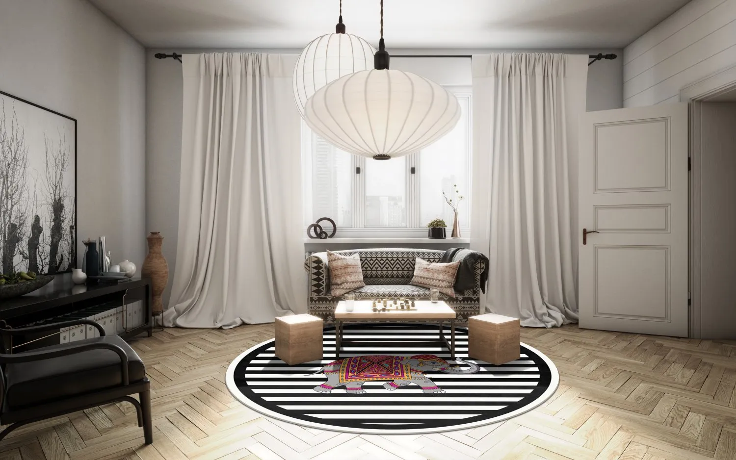 Tapis rond - Develi (noir/blanc)