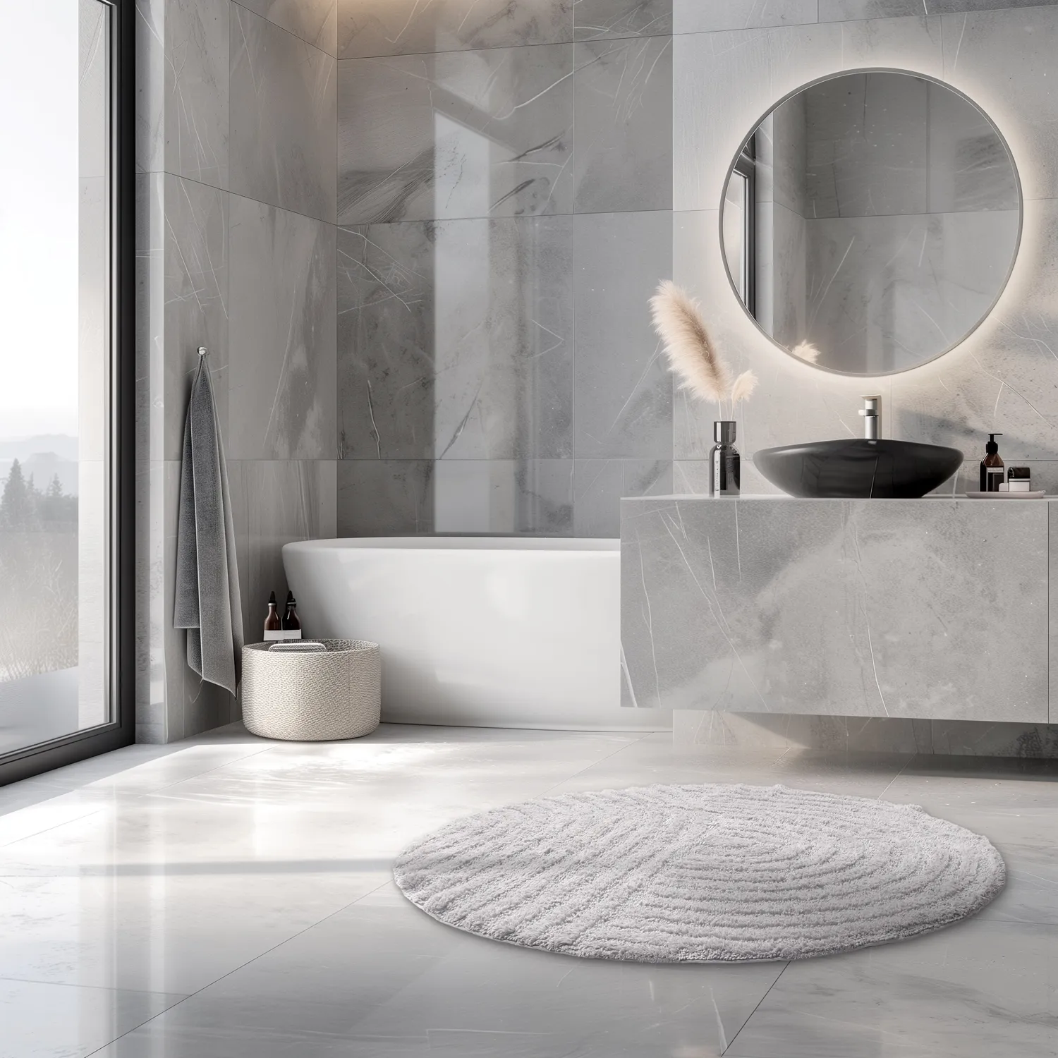 Tapis de salle de bain rond - Embla (gris clair)