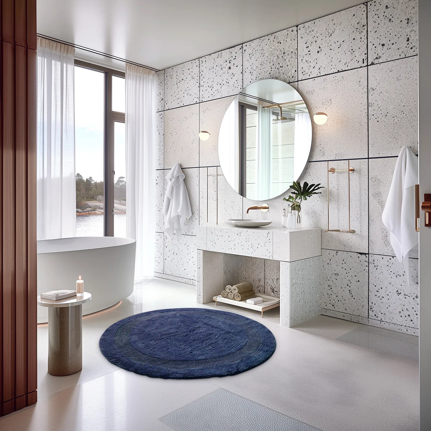 Tapis de salle de bain rond - Nila (bleu)