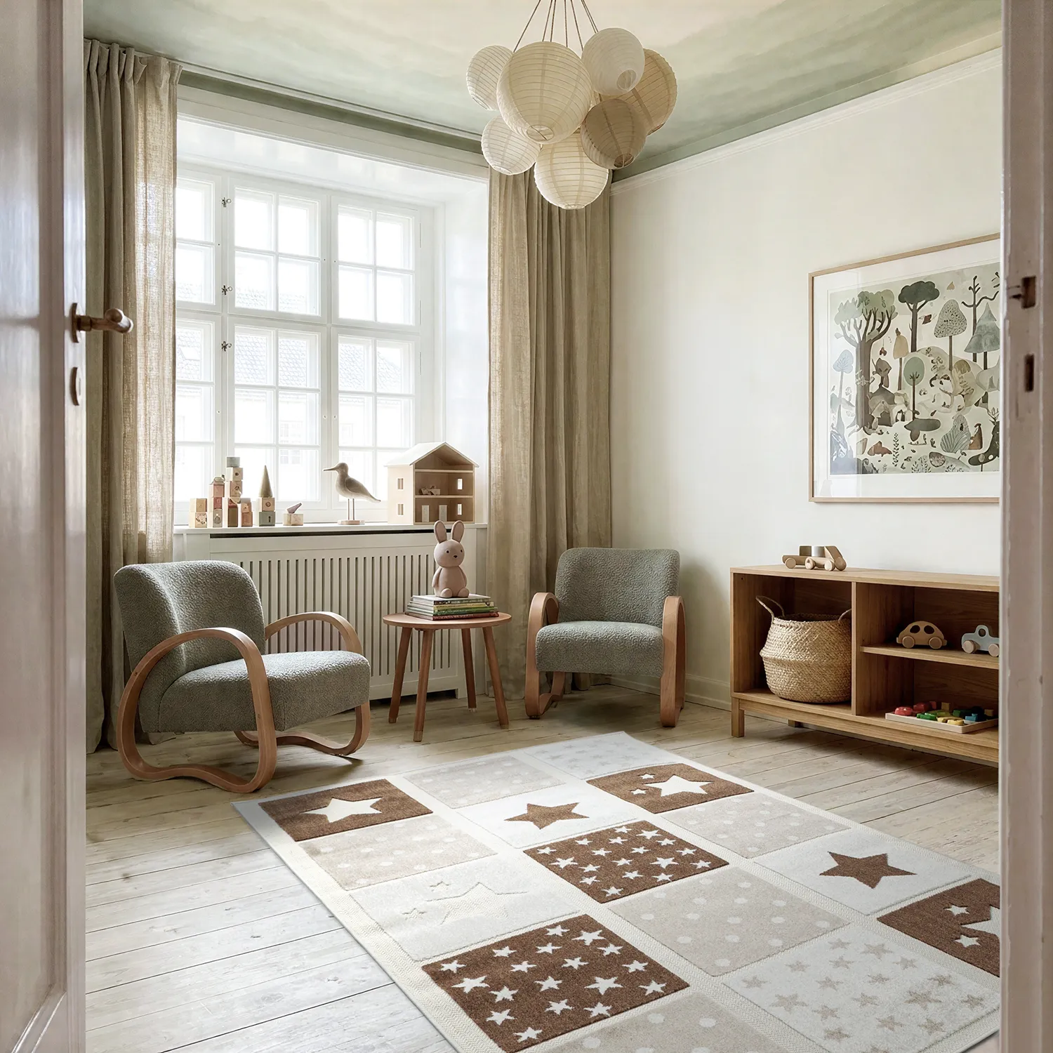 Tapis Enfant - Star Grid (crème/marron)