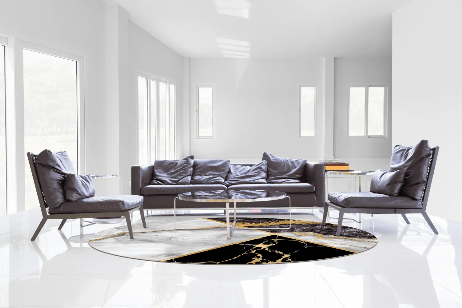 Tapis rond - Cassa (gris/noir/doré)