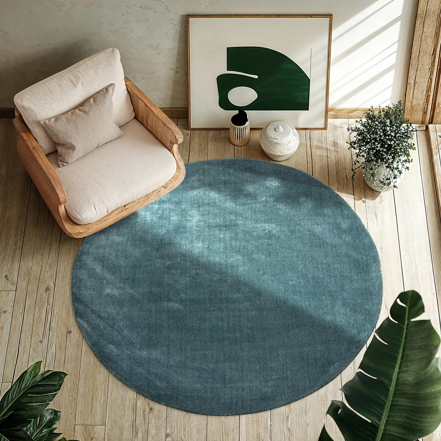 Tapis rond - PET recyclé avec aspect viscose (bleu acier)