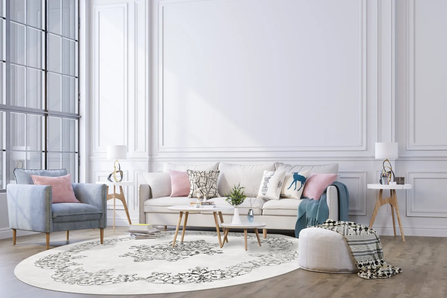 Tapis rond - Santi (blanc/noir)