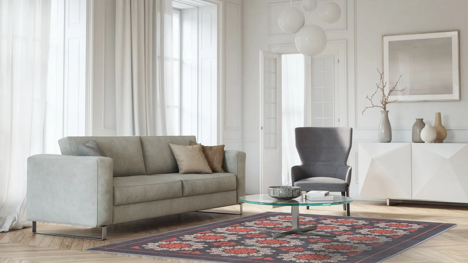 Tapis Wilton - Florina (gris/bleu/orange)