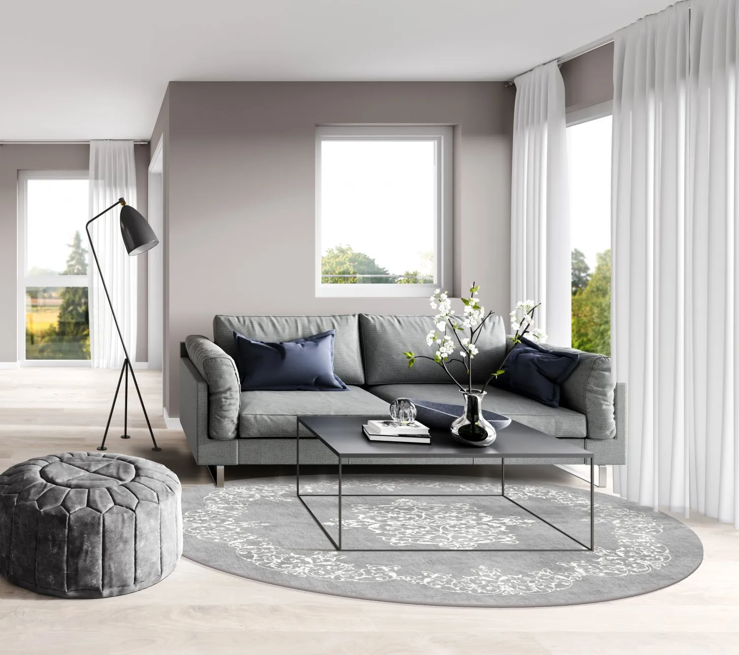Tapis rond - Santi (gris/blanc)