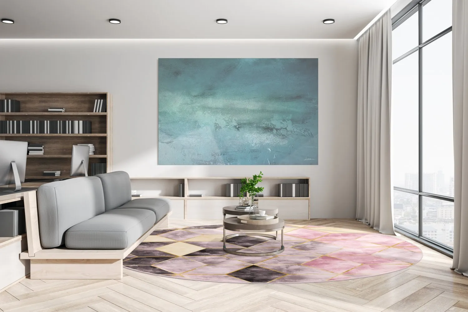 Tapis rond - Brendola (rose/gris/doré)