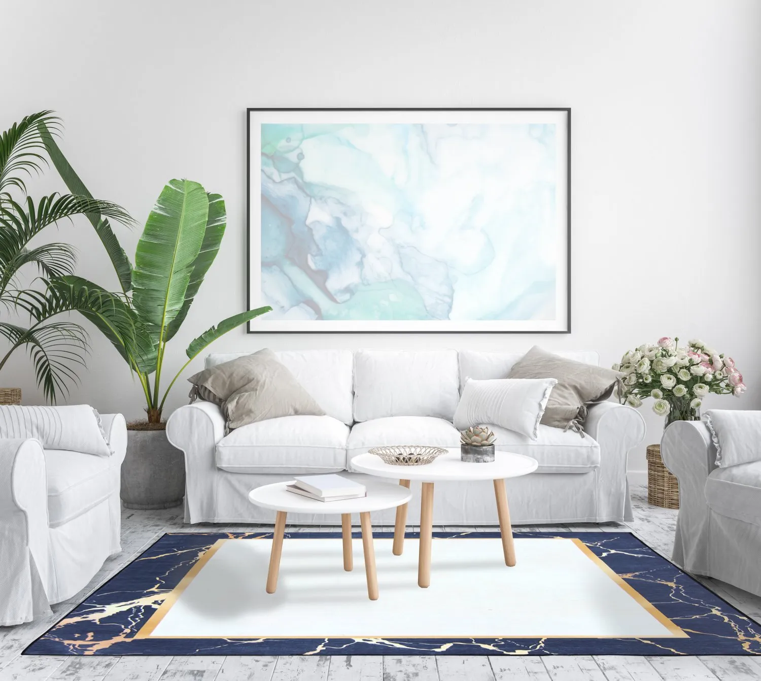 Tapis Wilton - Cerasia (bleu foncé/blanc/doré)