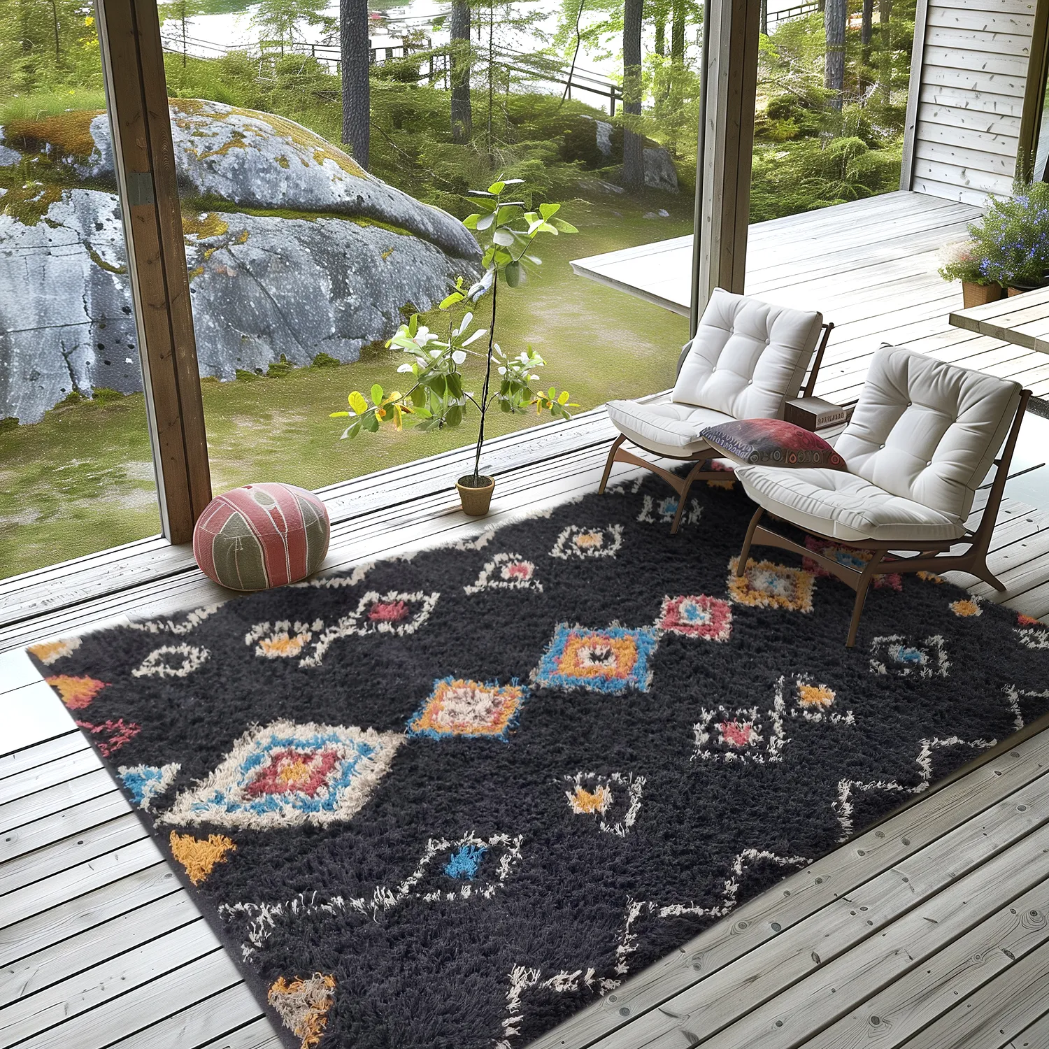 Tapis à poils longs - Marden Natural Cotton Shaggy (noir/multicolore)