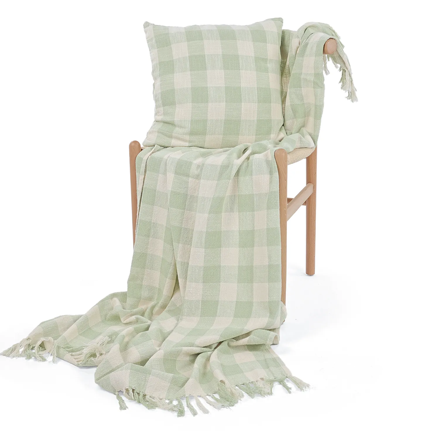 Couvertures - Isela check cotton throw (crème/vert clair)