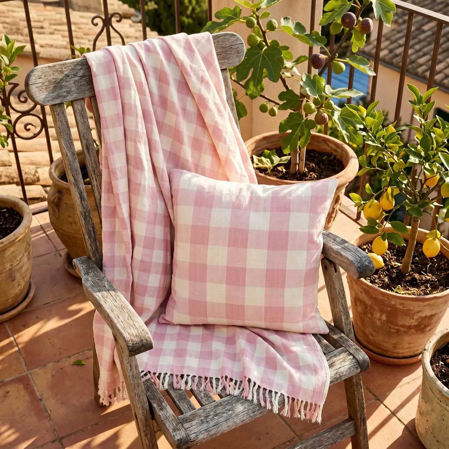 Couvertures - Isela check cotton throw (crème/rose)