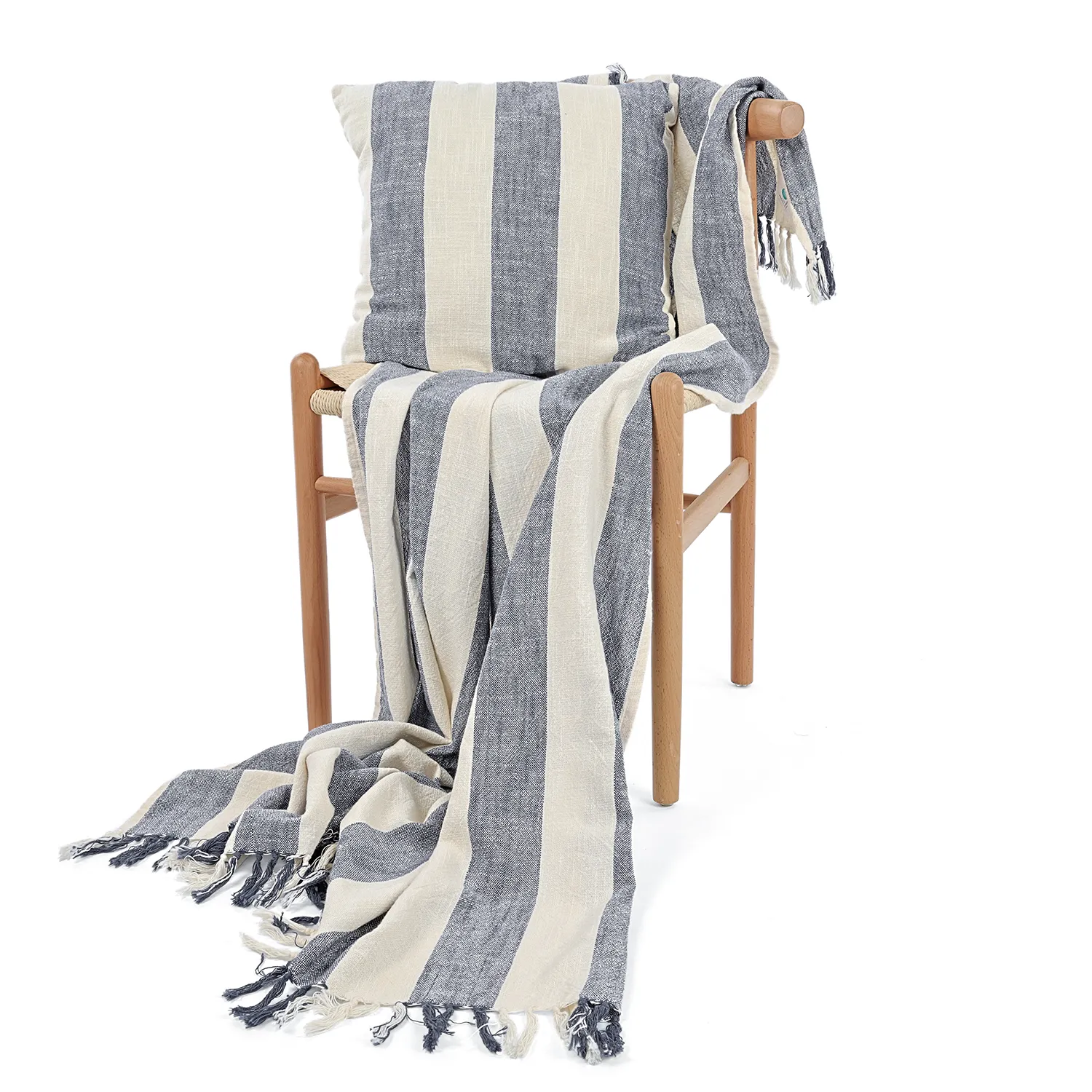 Taie d'oreiller - Kora stripe cotton cushion cover (crème/marine)