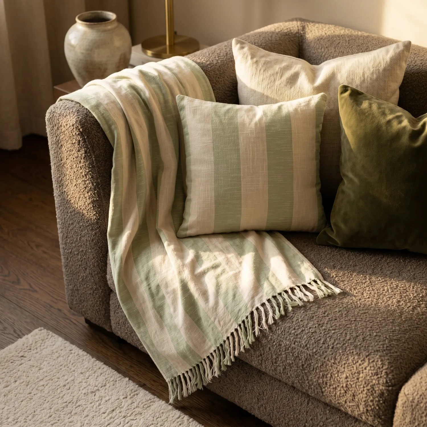 Couvertures - Kora stripe cotton throw (crème/vert clair)