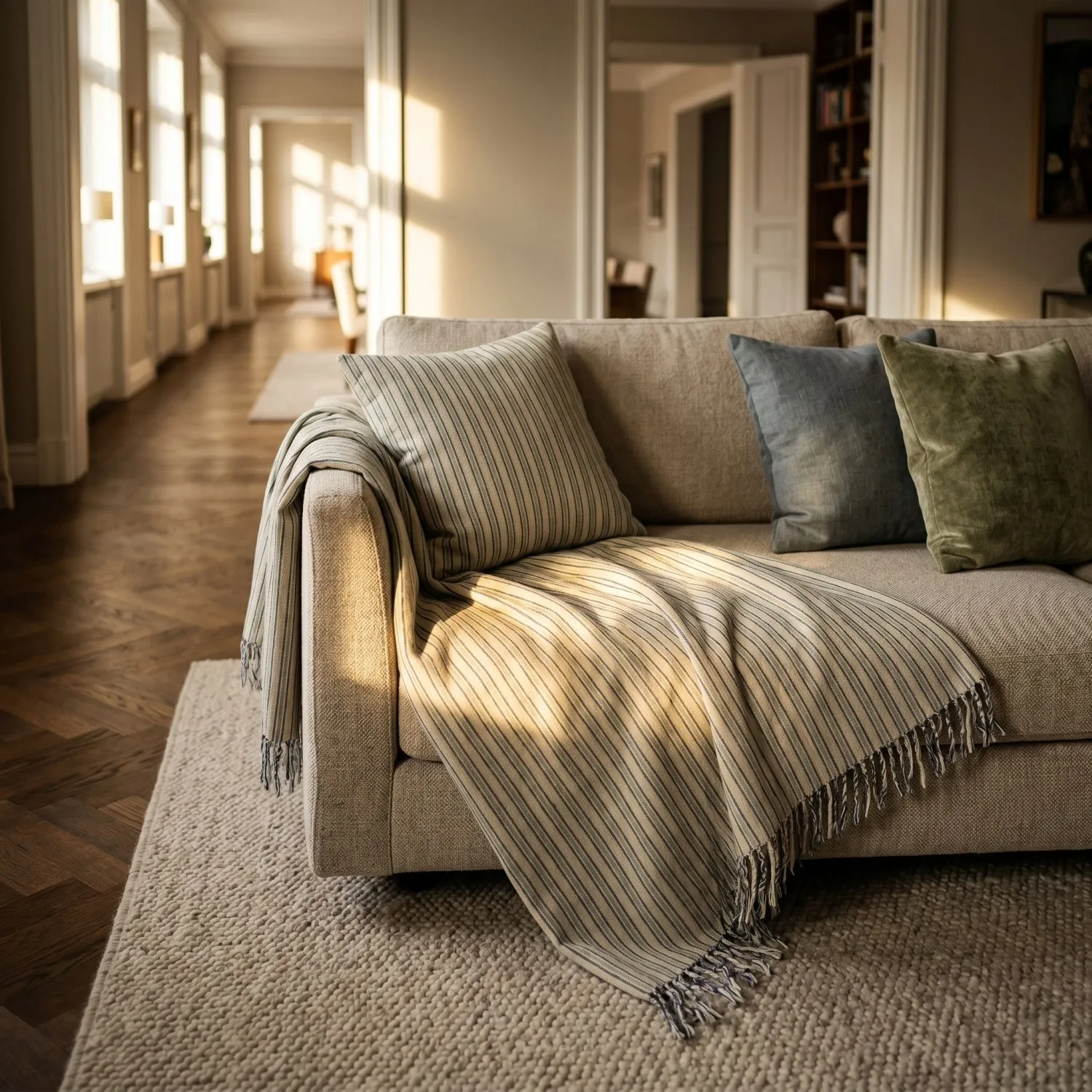 Couvertures - Rumi stripe cotton throw (crème/marine/vert clair)