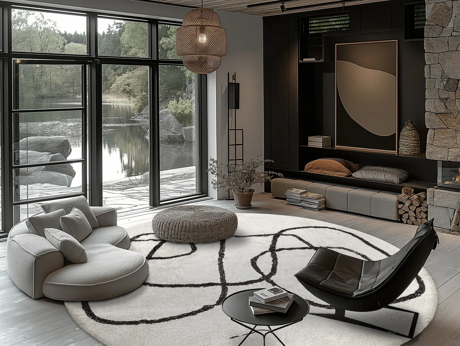 Tapis rond - Bavello Natural Cotton Shaggy (blanc cassé/noir)