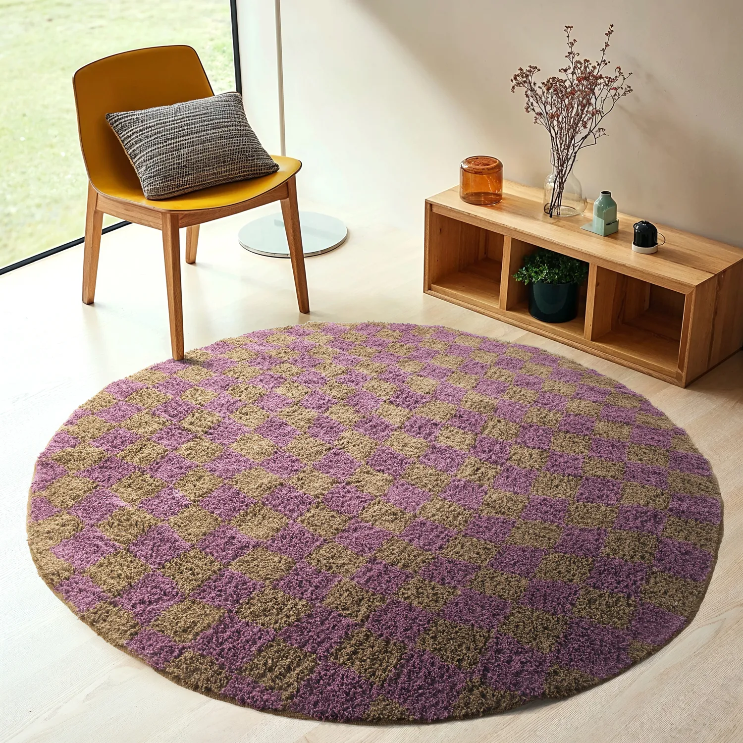 Tapis rond - Elsey Natural Cotton Shaggy (marron/violet)