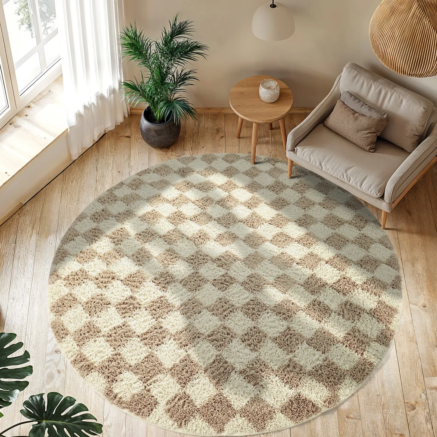 Tapis rond - Elsey Natural Cotton Shaggy (crème/sable)