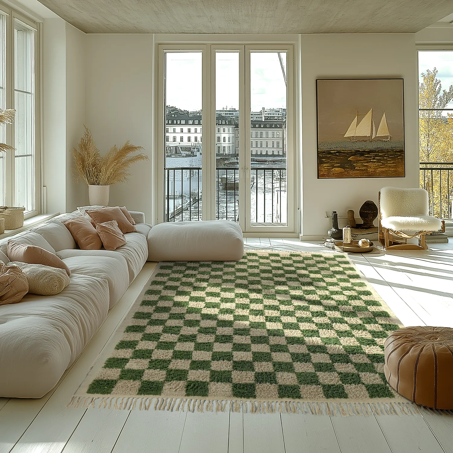 Tapis à poils longs - Elsey Natural Cotton Shaggy (vert/beige)