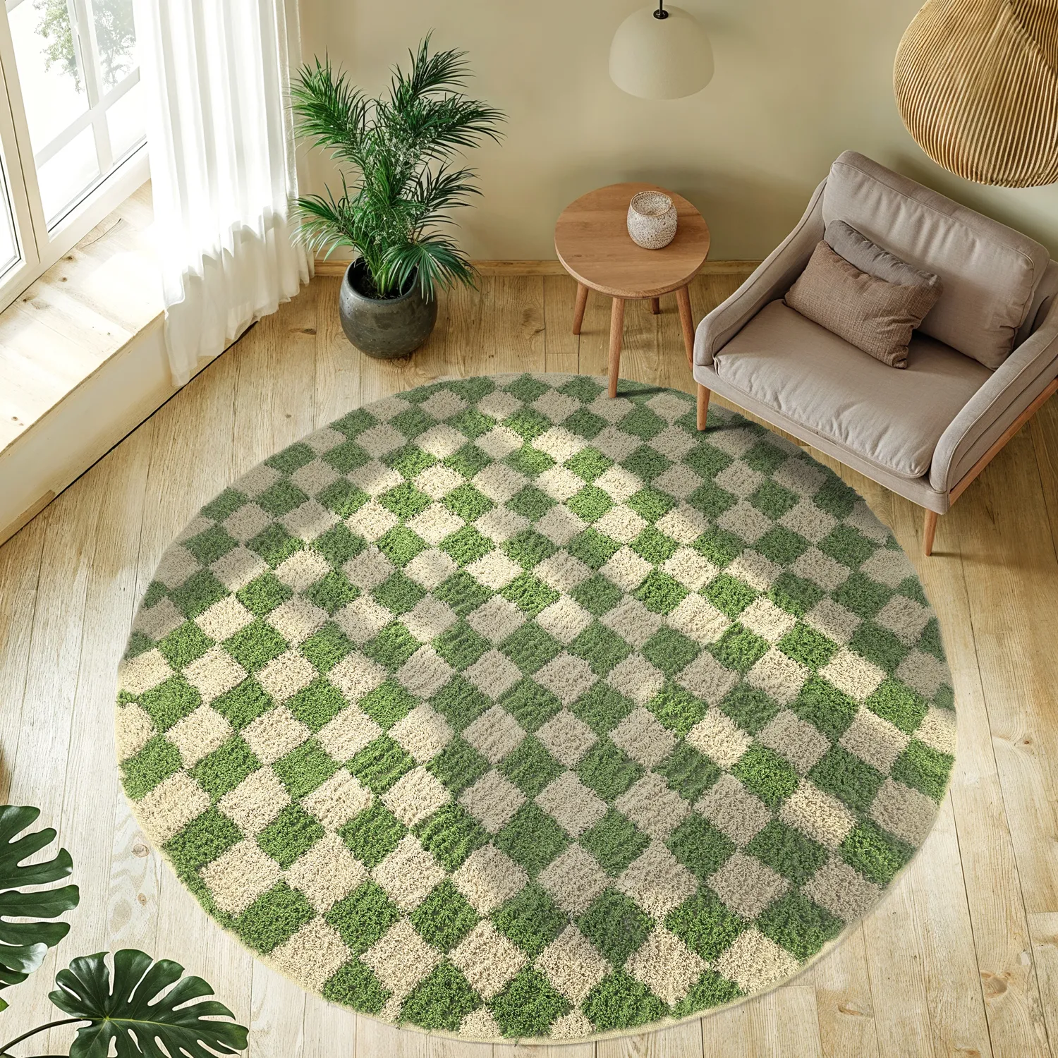 Tapis rond - Elsey Natural Cotton Shaggy (vert/beige)