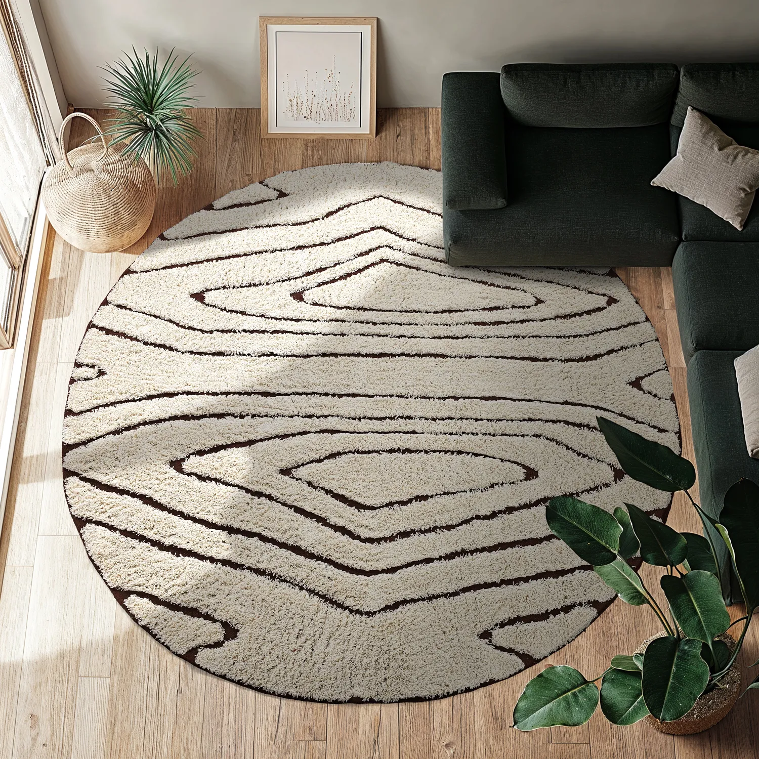 Tapis rond - Kindon Natural Cotton Shaggy (umazano bela/rjava)