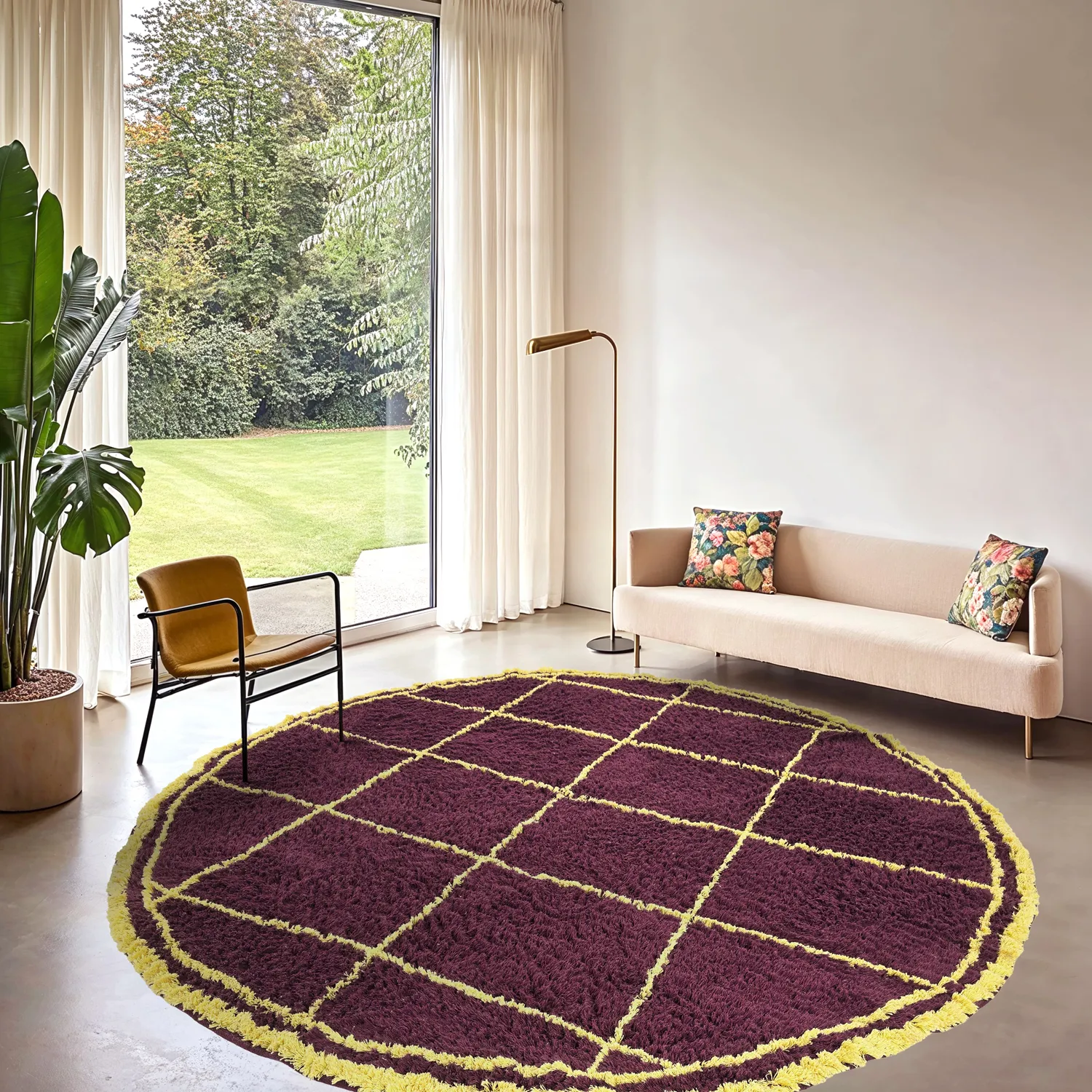 Tapis rond - Lana Natural Cotton Shaggy (bordeaux/jaune)