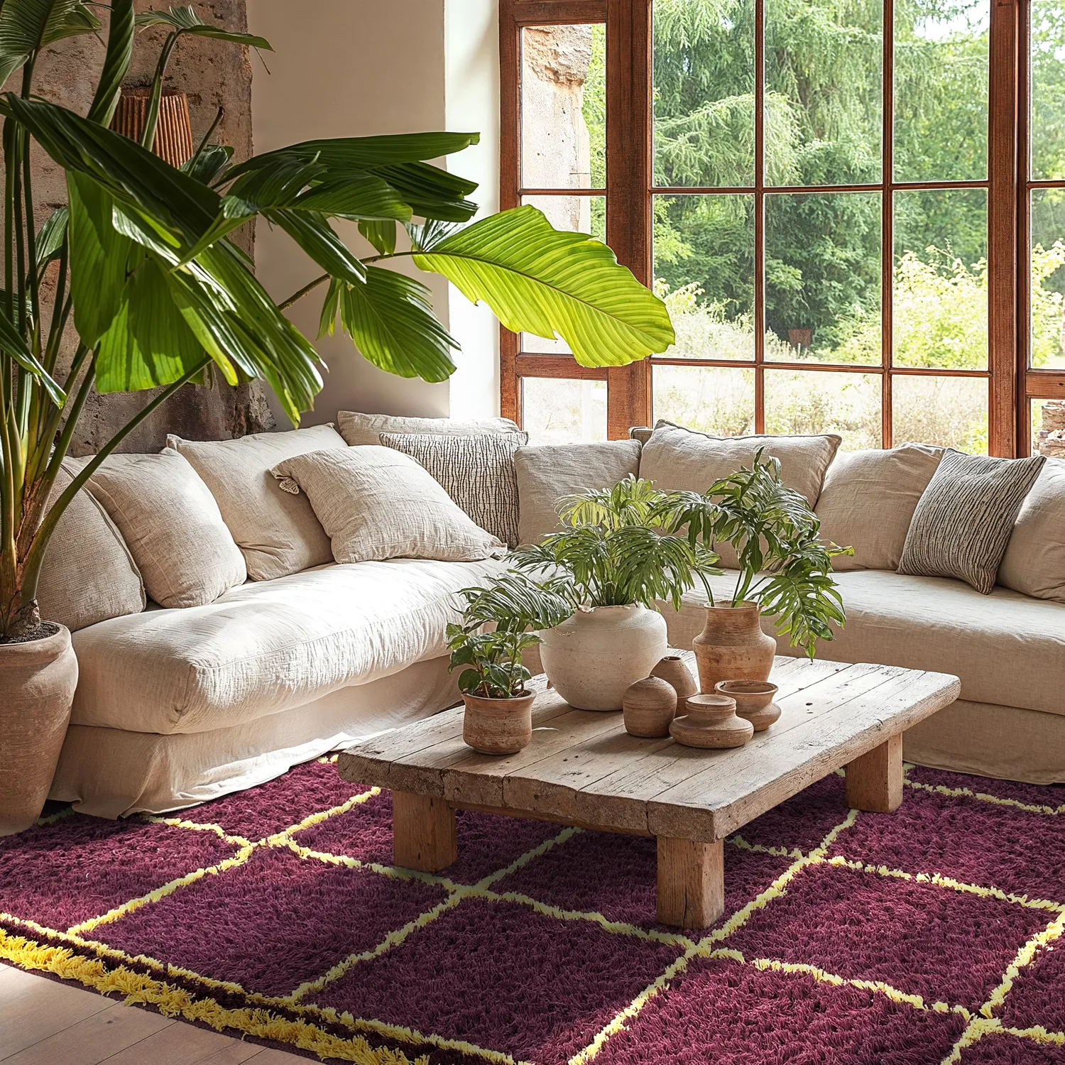 Tapis à poils longs - Lana Natural Cotton Shaggy (bordeaux/jaune)