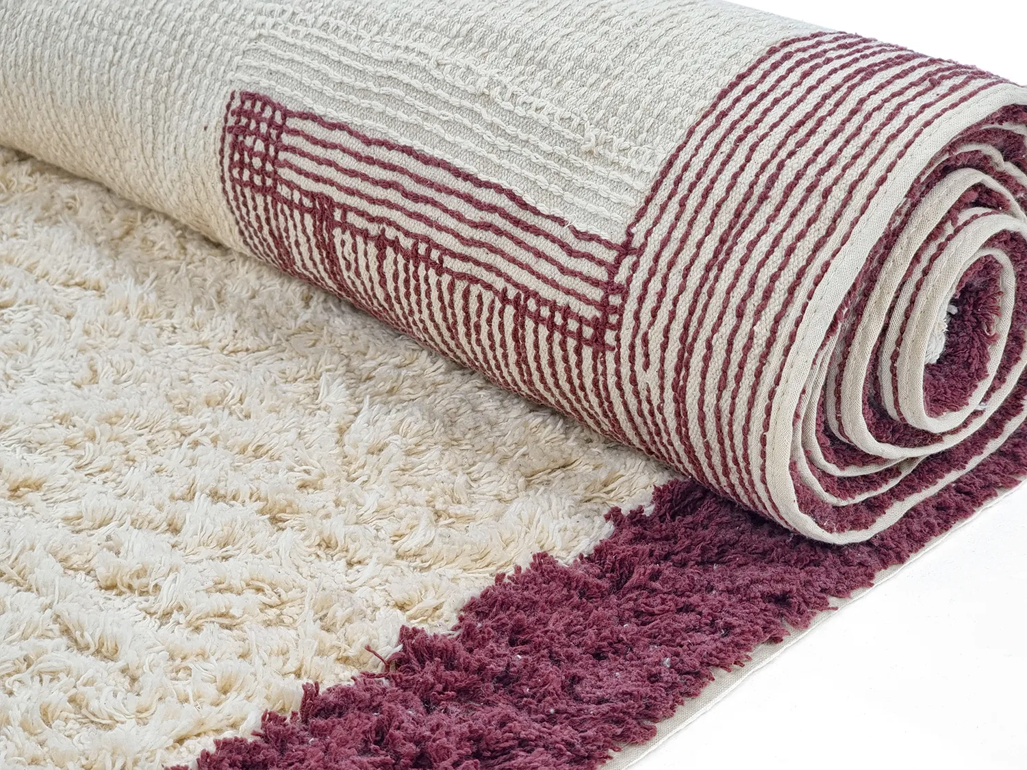 Tapis rond - Ricco Natural Cotton Shaggy (blanc cassé/bordeaux)