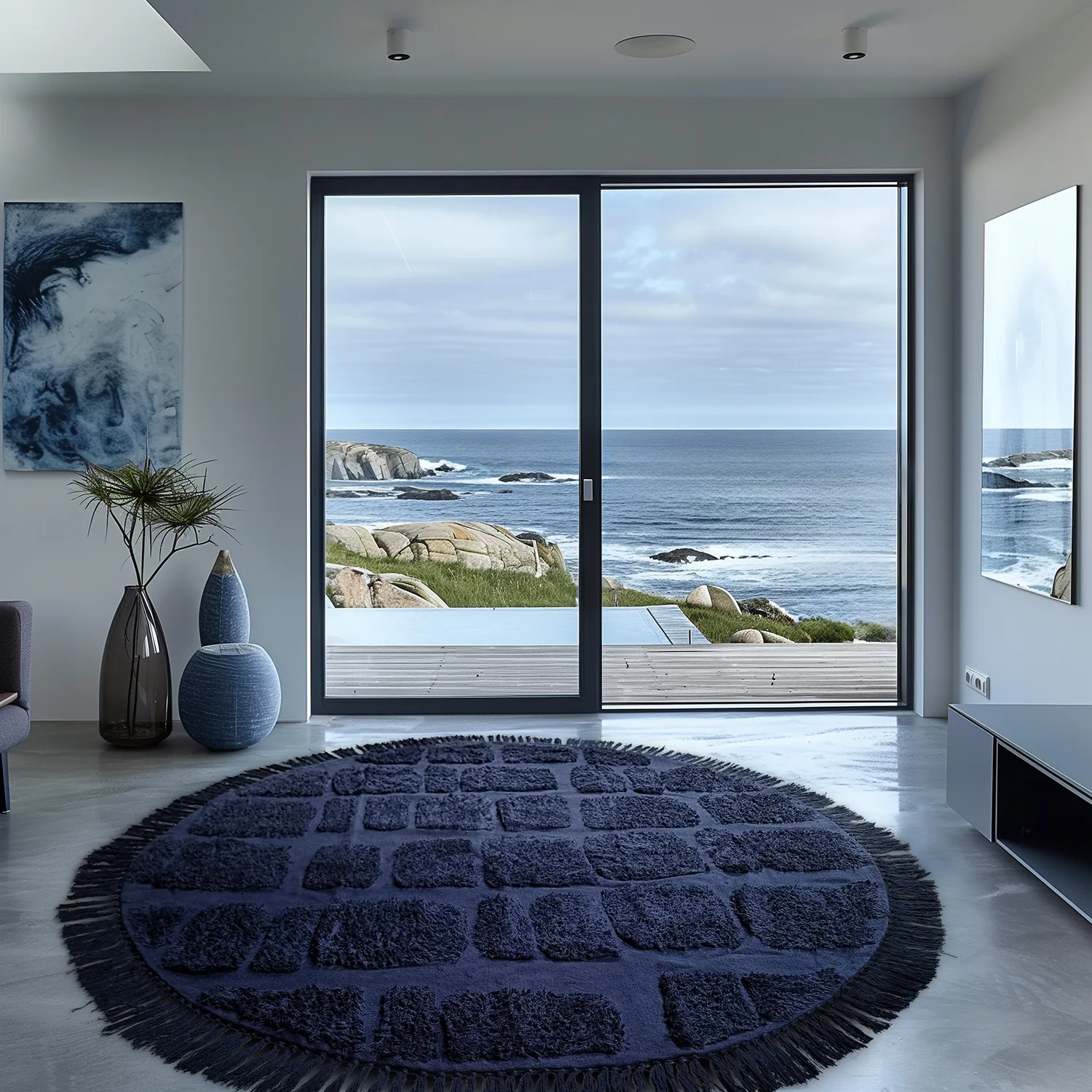 Tapis rond - Salem Natural Cotton Shaggy (bleu foncé)