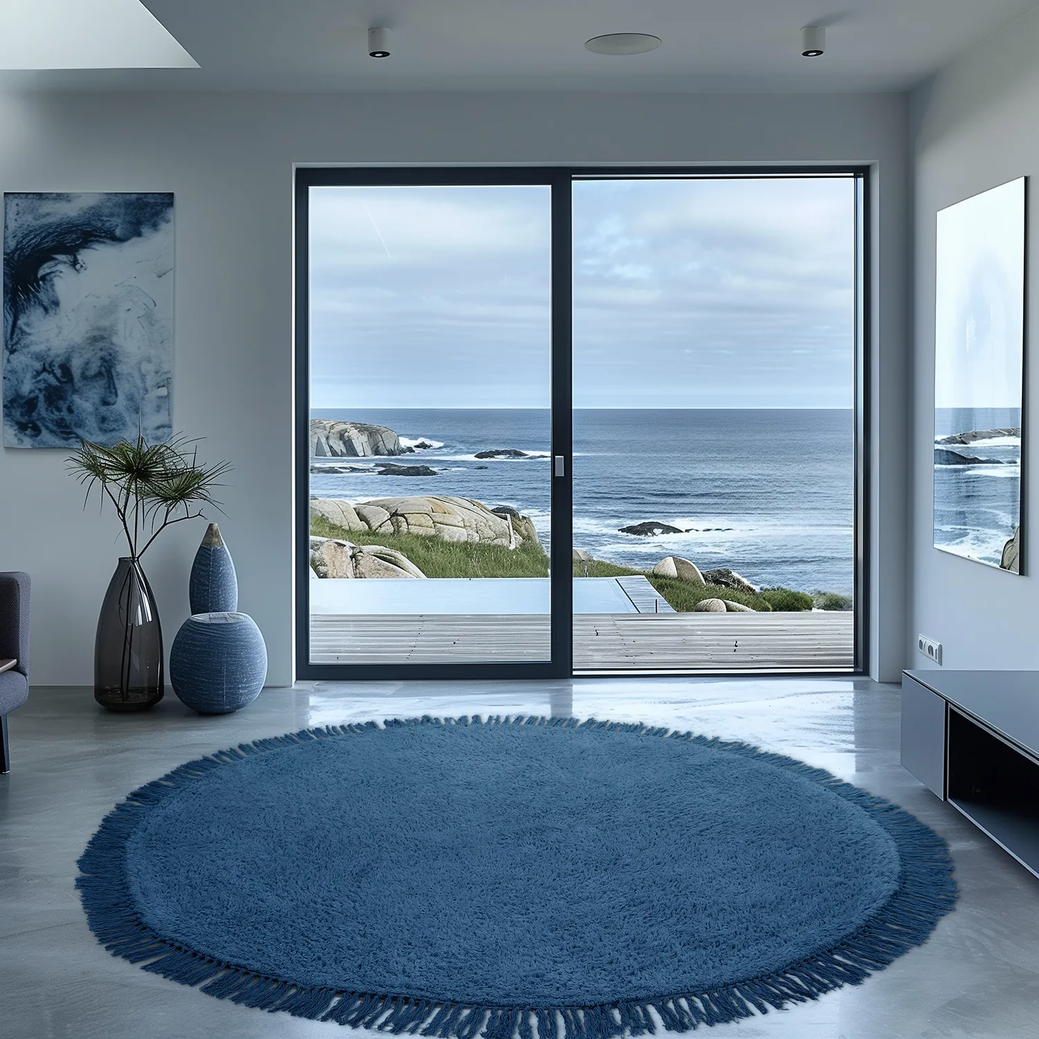 Tapis rond - Alba Natural Cotton Shaggy (bleu)