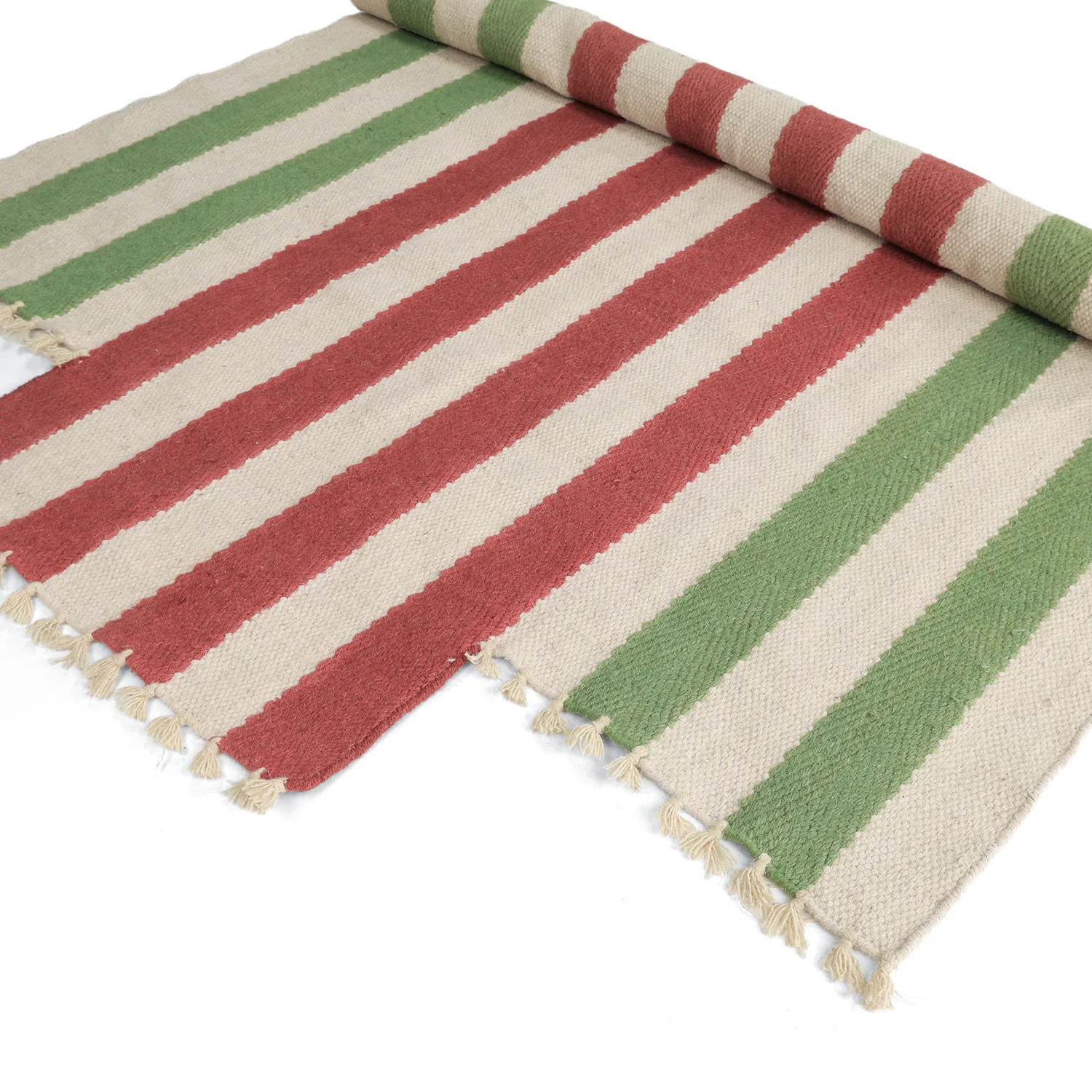 Tapis en laine irrégulière - Kystaro (crème/vert/rouge)