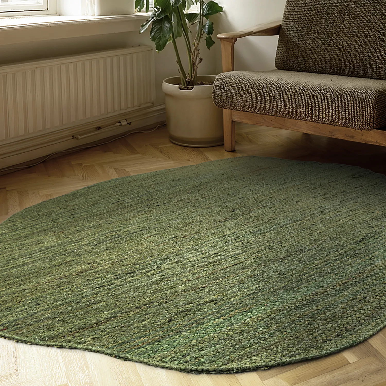 Tapis rond irrégulier en jute - San Francisco (vert militaire)