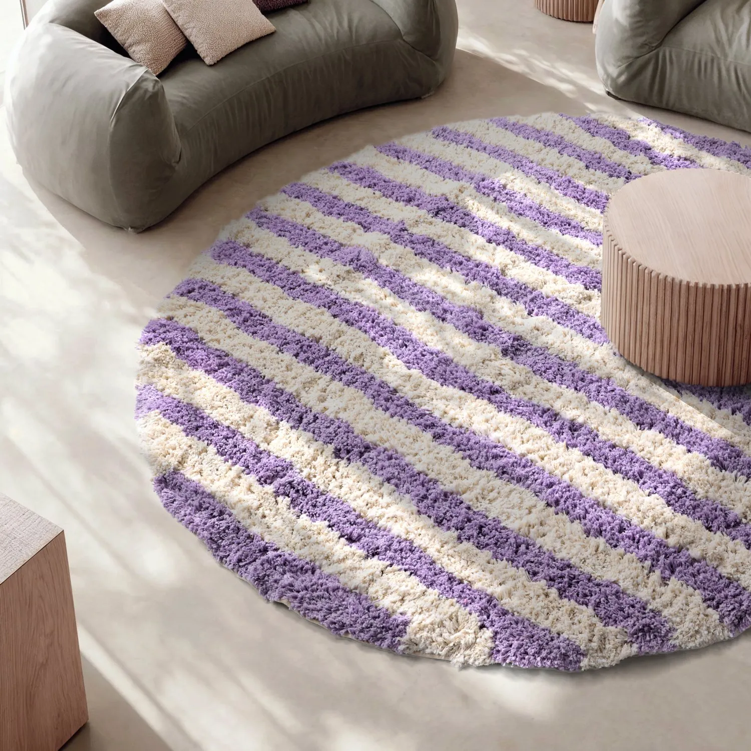 Tapis rond - Thira Stripe Cotton Shaggy (crème/violet clair)