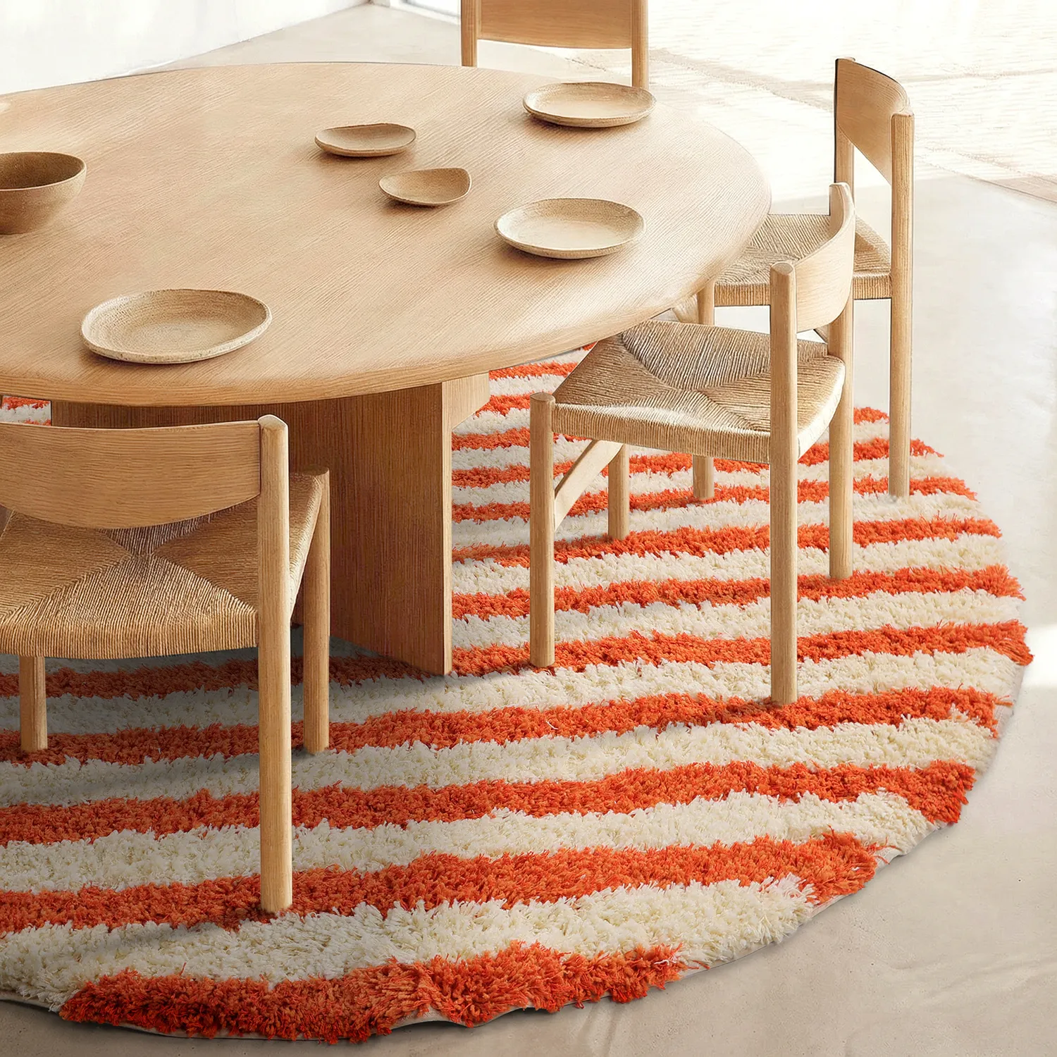 Tapis rond - Thira Stripe Cotton Shaggy (jaune clair/orange clair)