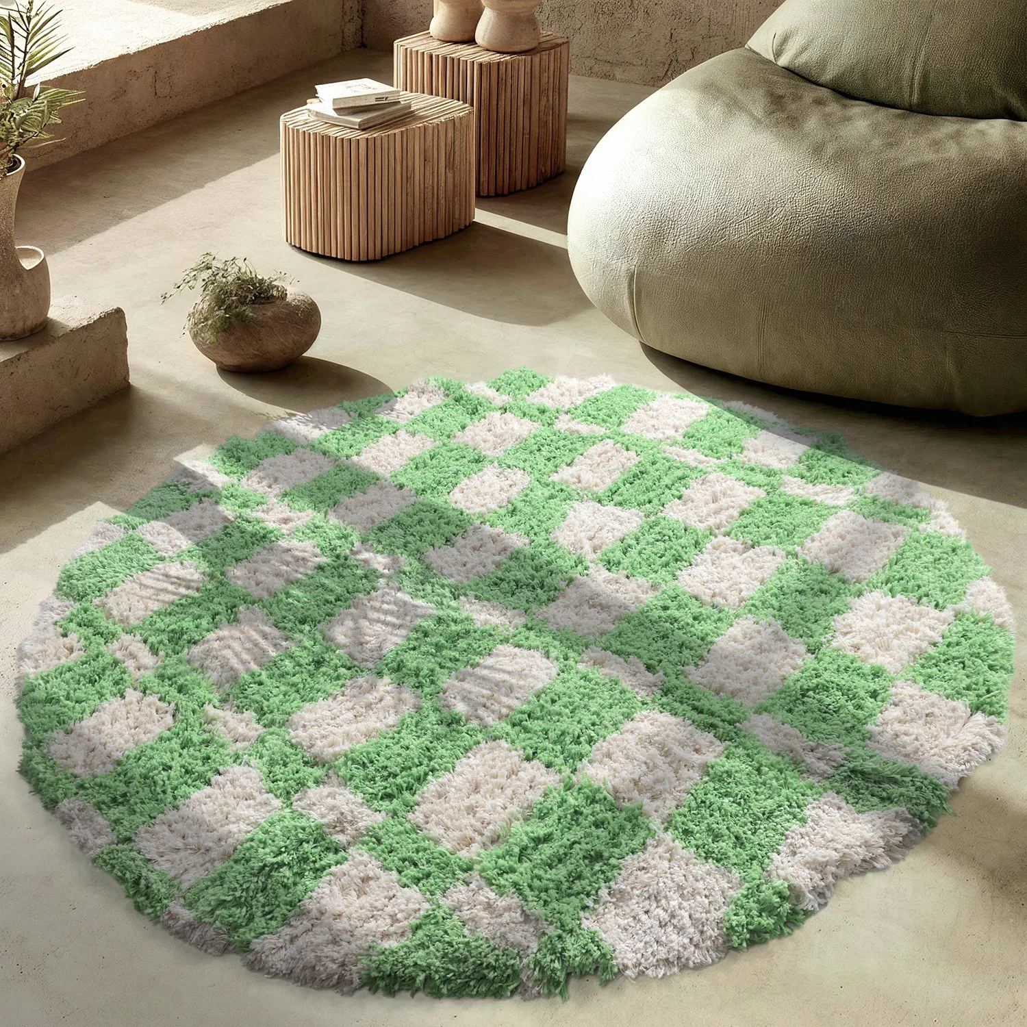 Tapis rond - Atrani Natural Cotton Shaggy (vert)