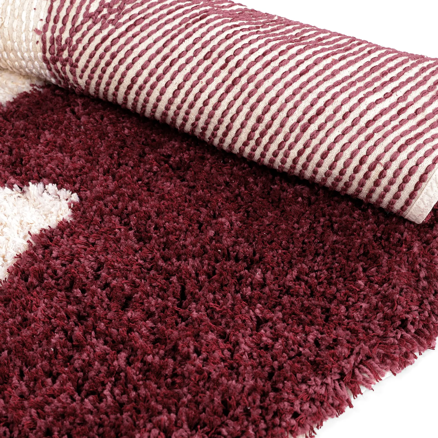 Tapis rond - Begur Natural Cotton Shaggy (blanc cassé/bordeaux)