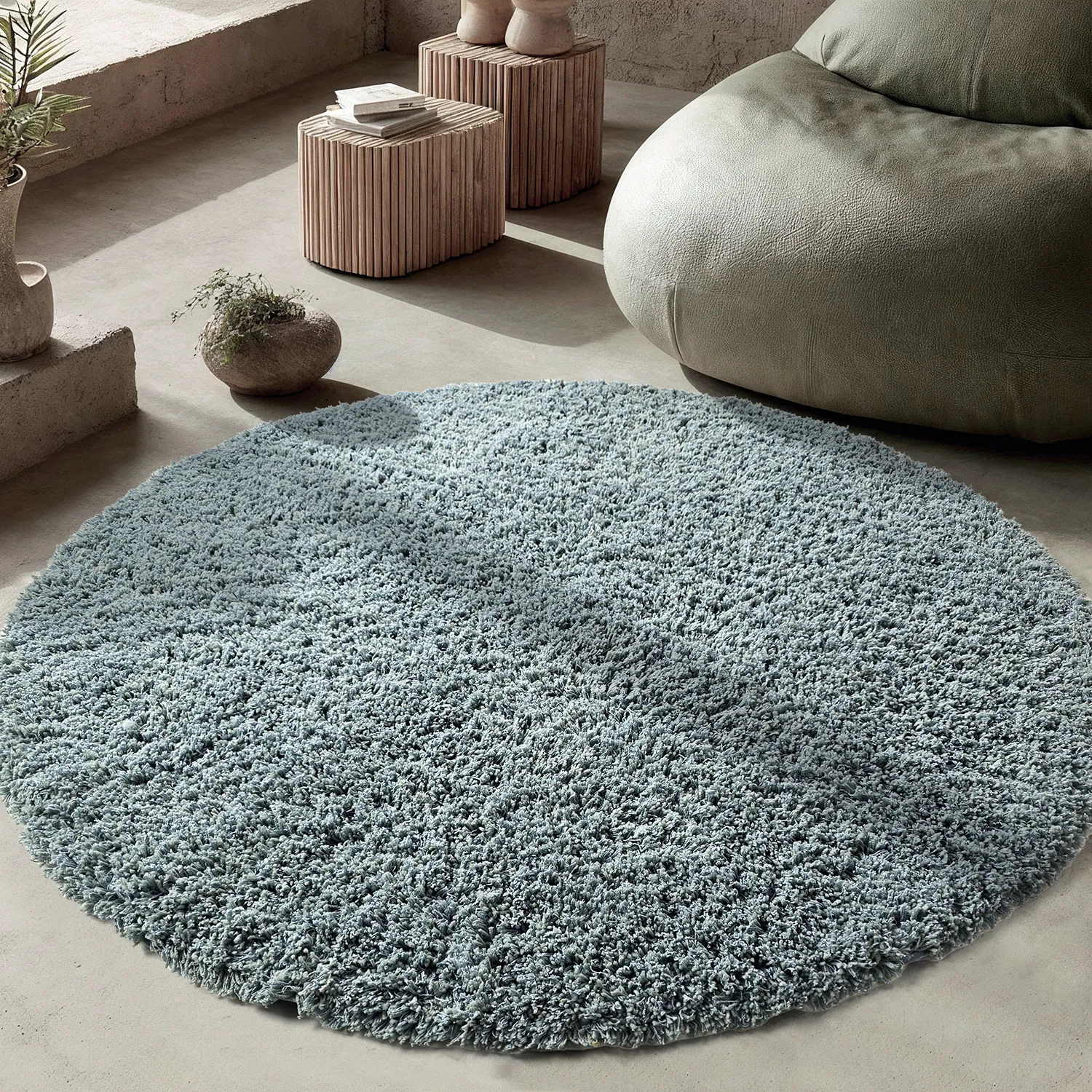 Tapis rond - Combarro Solid Cotton Shaggy (bleu clair)