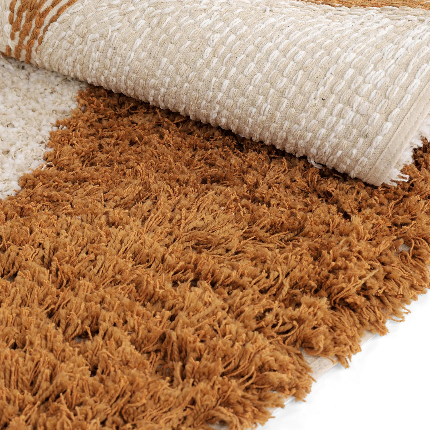 Tapis rond - Kalymnos Natural Cotton Shaggy (blanc cassé/ocre)