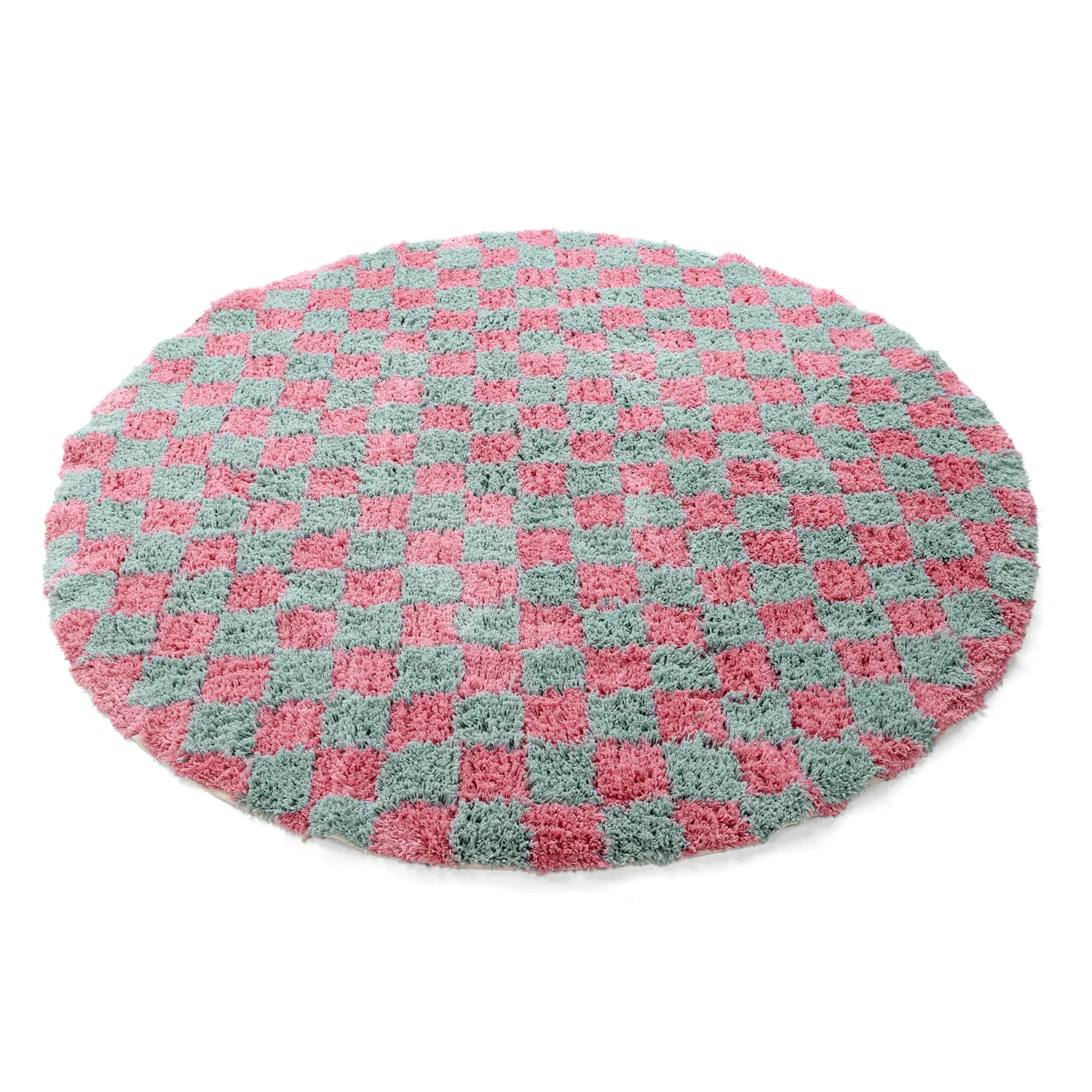 Tapis rond - Methoni Check Cotton Shaggy (bleu clair/rose clair)