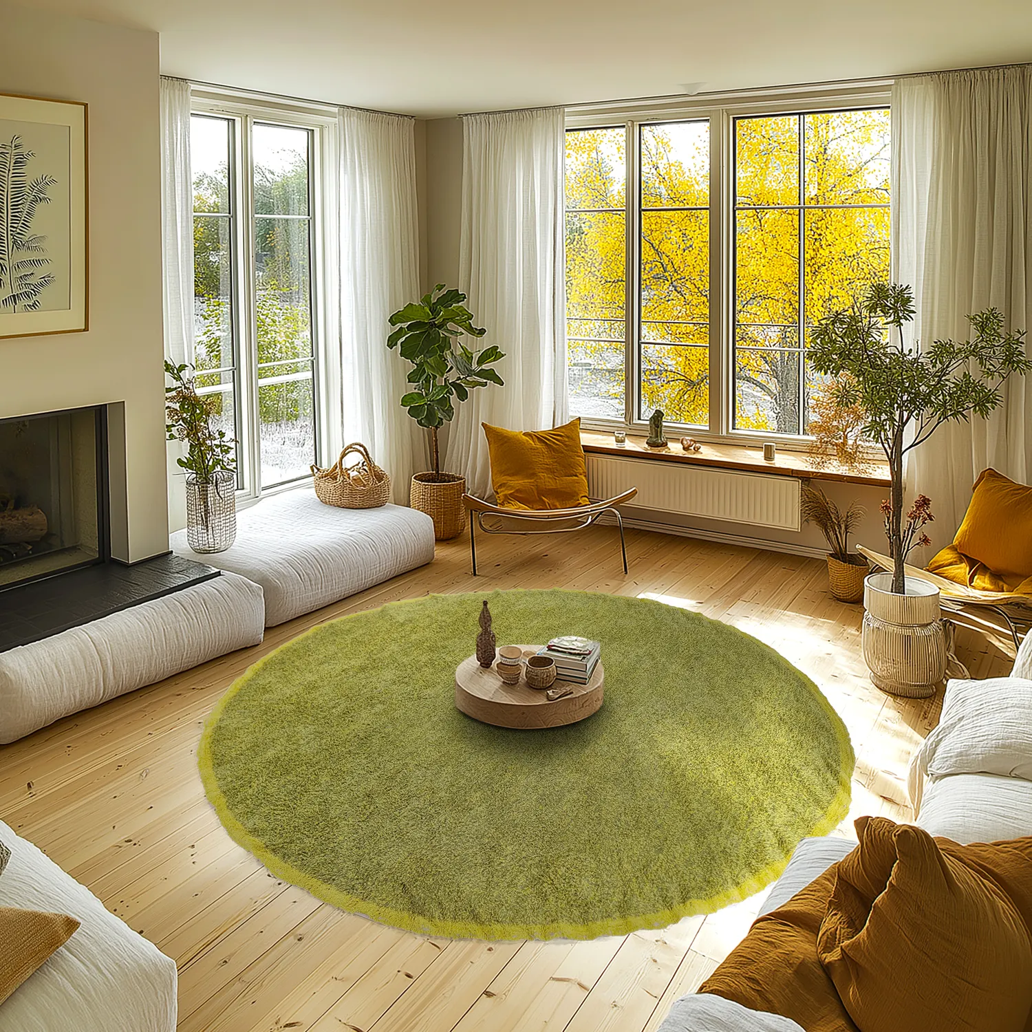 Tapis rond - Celina Natural Cotton Shaggy (vert/jaune)