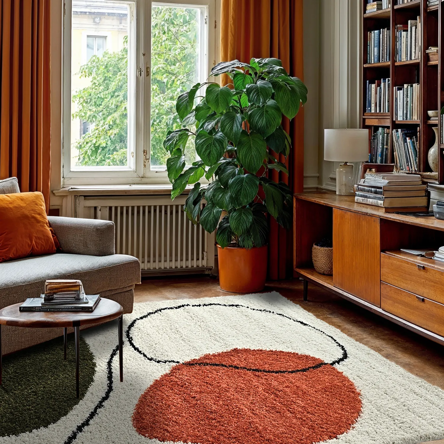 Tapis à poils longs - Sanghar (blanc/orange/vert)
