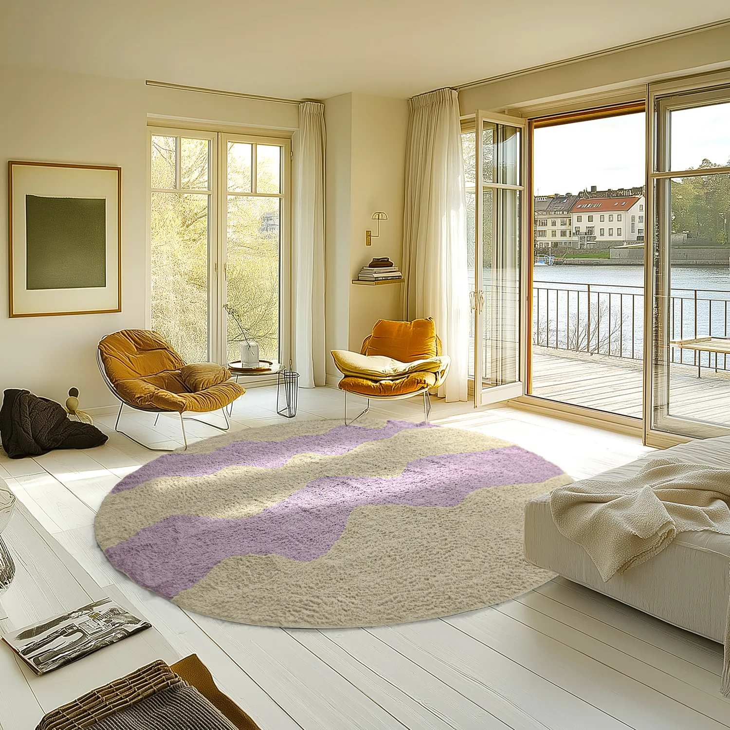 Tapis rond - Amira Natural Cotton Shaggy (beige/violet)