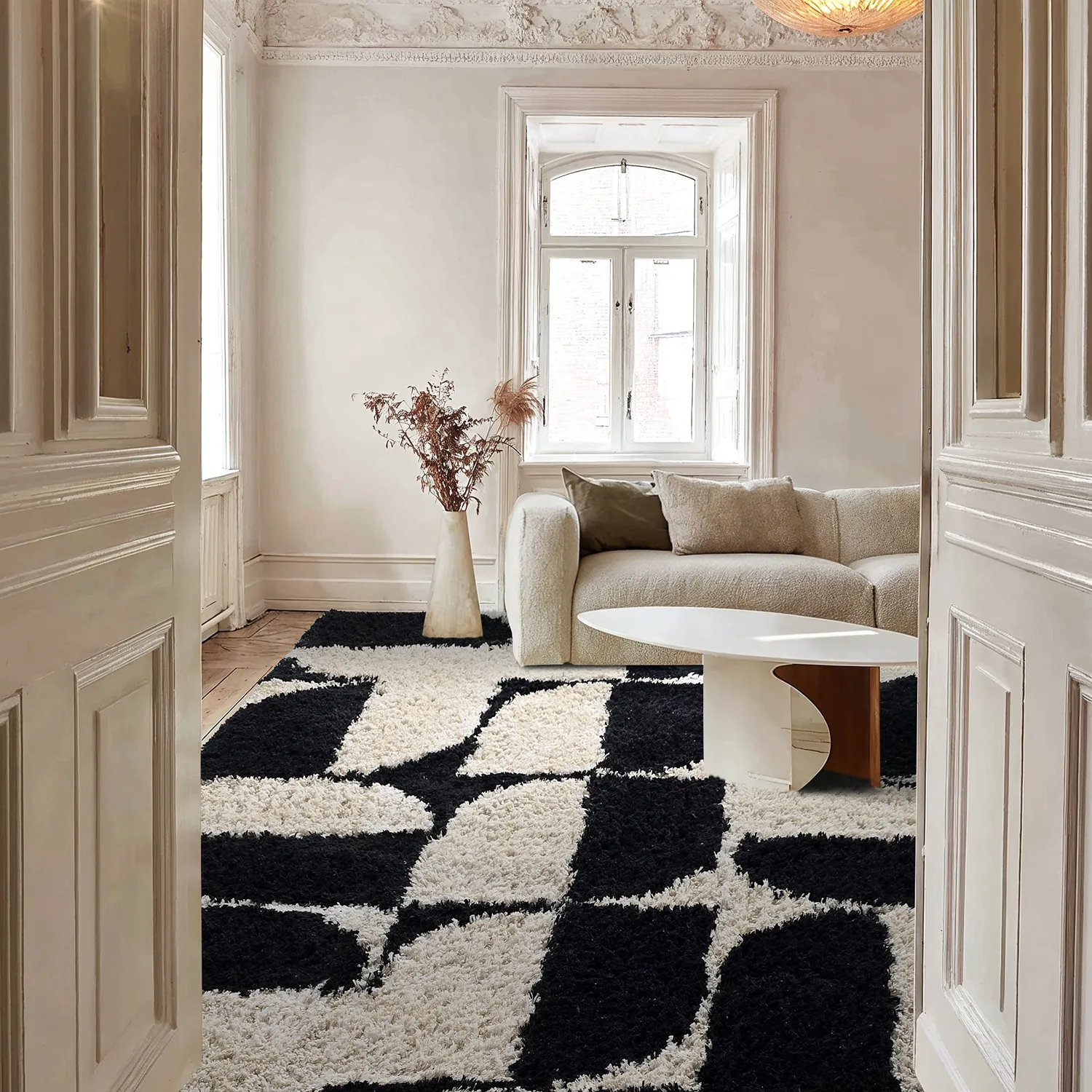 Tapis shaggy - Marvao Natural Cotton Shaggy (blanc cassé/noir)
