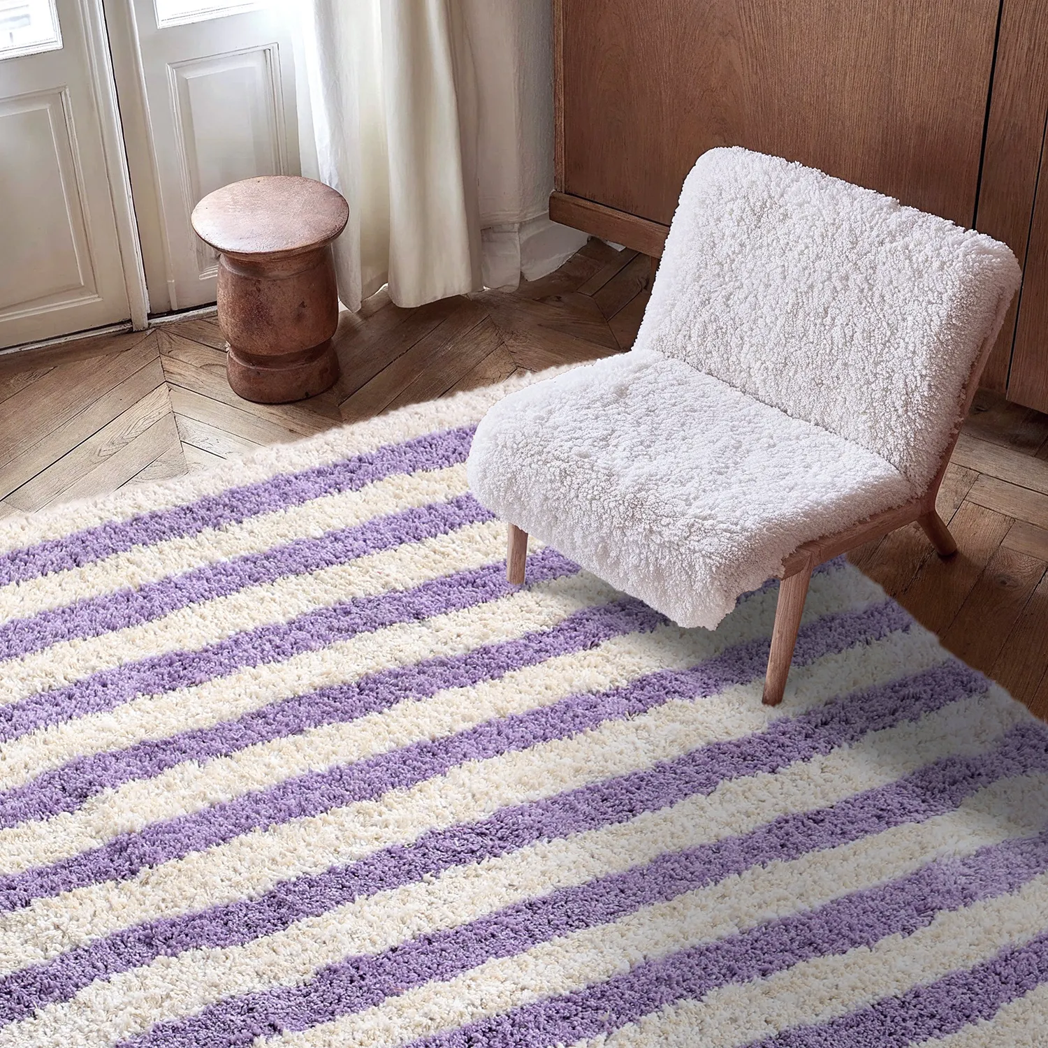 Tapis shaggy - Thira Stripe Cotton Shaggy (crème/violet clair)