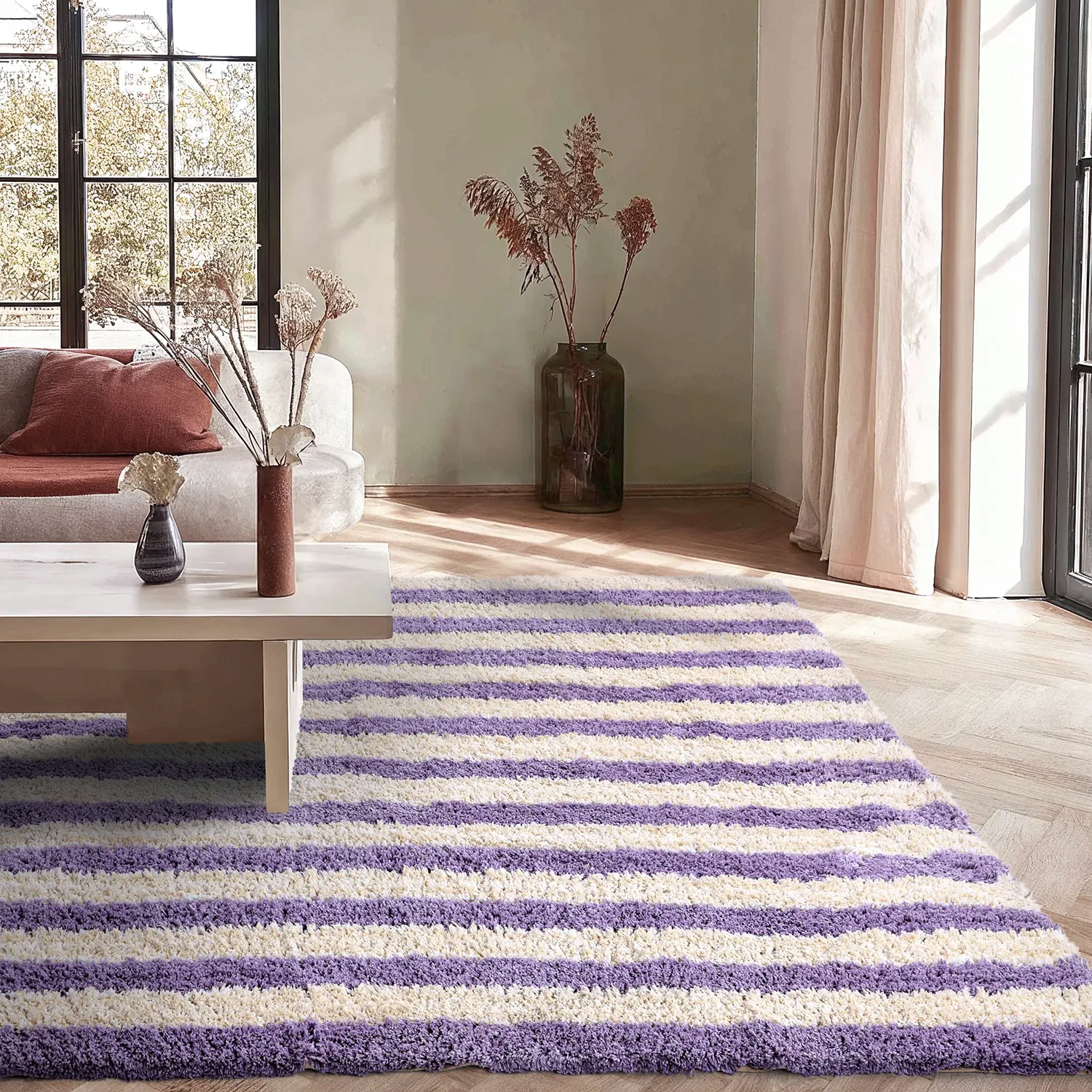 Tapis shaggy - Thira Stripe Cotton Shaggy (crème/violet clair)
