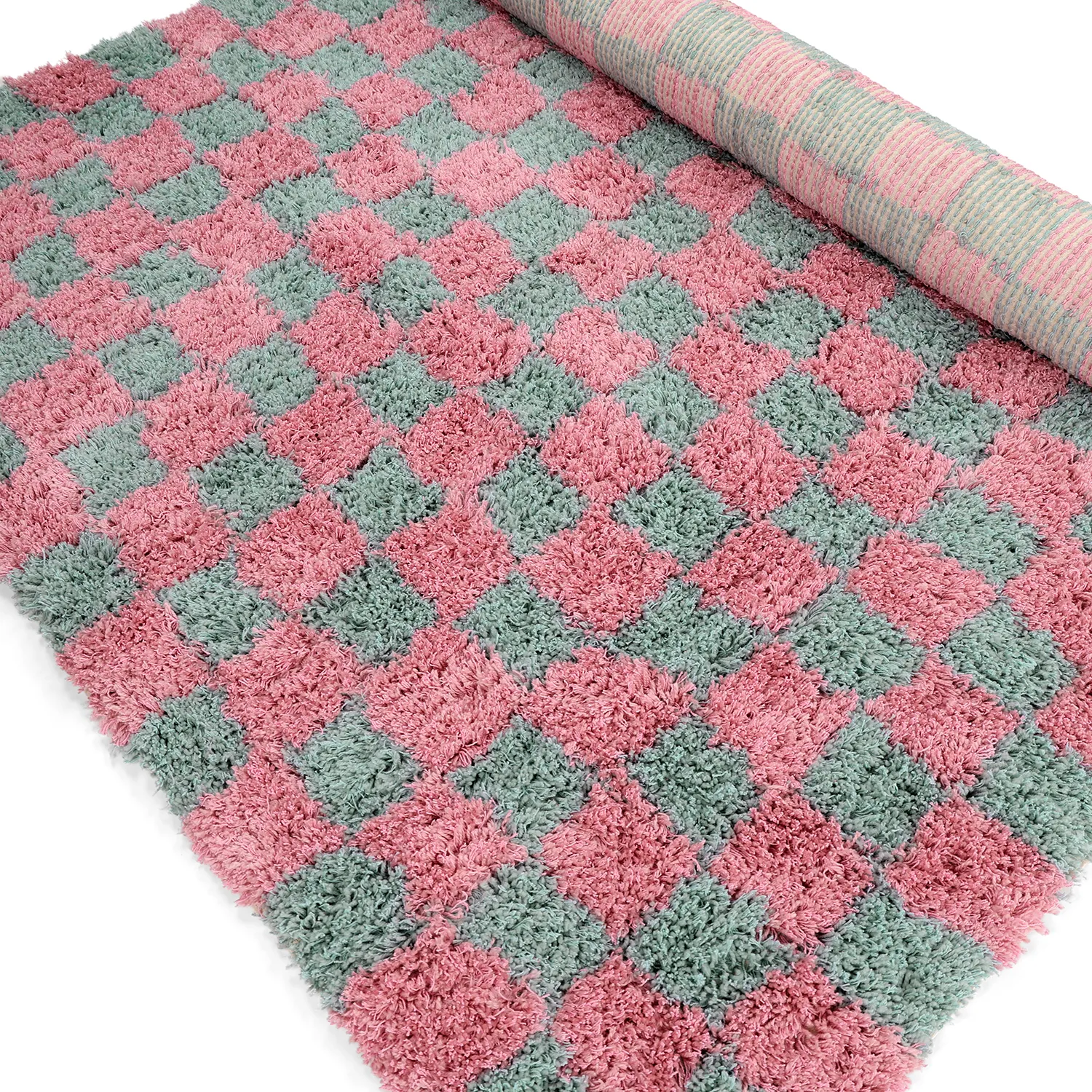 Tapis shaggy - Methoni Check Cotton Shaggy (bleu clair/rose clair)