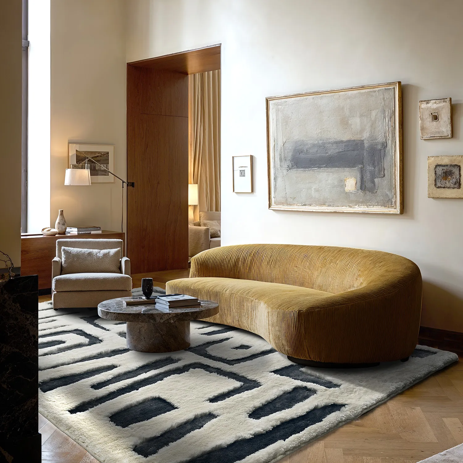 Tapis moelleux - Palmyra (blanc/bleu marine)