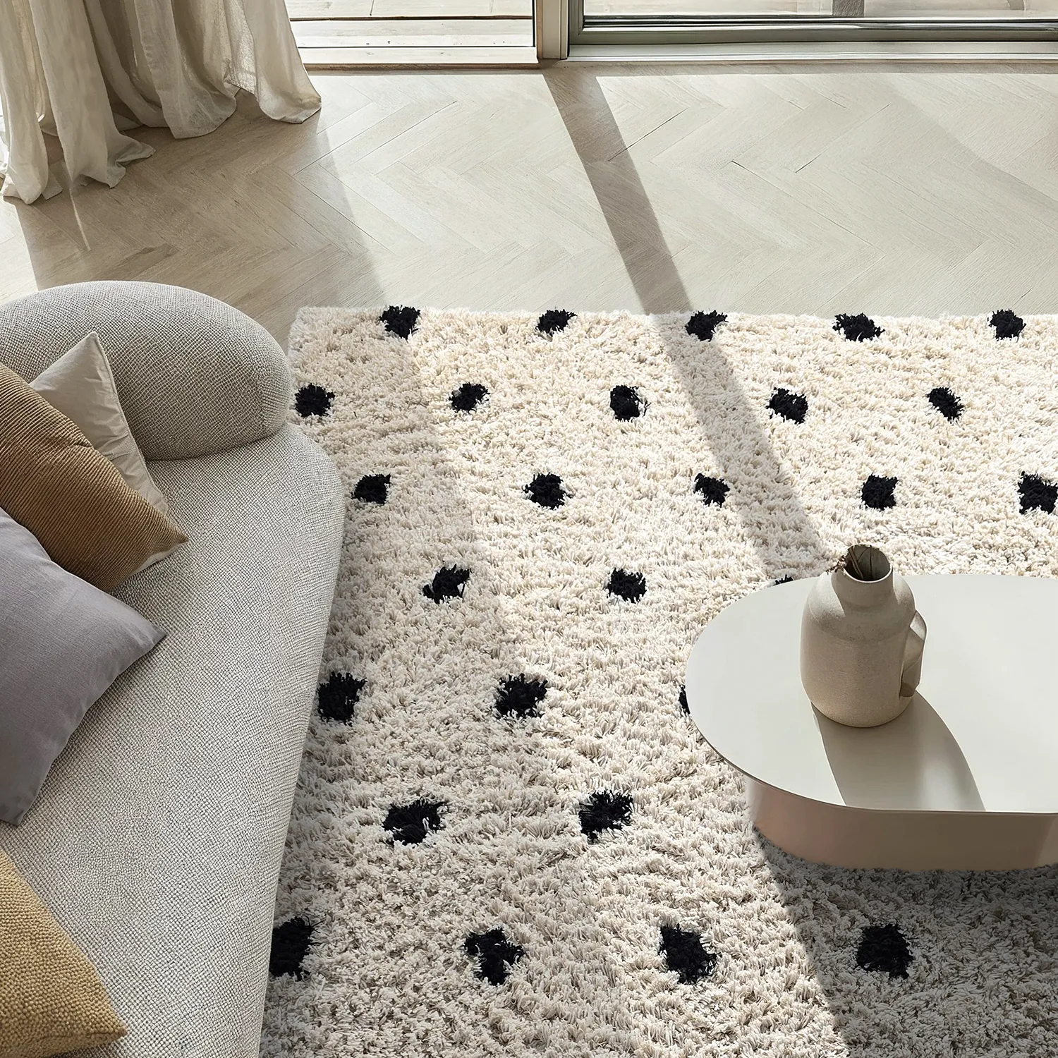 Tapis shaggy - Soria Natural Cotton Shaggy (blanc cassé/noir)
